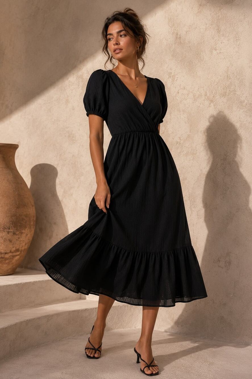 Fraiche by J Black Midi Dress Puff Sleeve Faux Wrap Tie Back Size Small